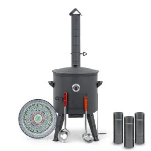 Utschak Feuerofen Ø 44 cm + Gusseisen-Kasan 16 l, Ø 46,5 cm, flacher Boden + Küchenzubehör, Usbekischer Kochtopf aus Gusseisen