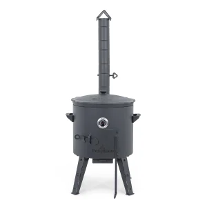 Utschak Feuerofen Ø 44 cm + Gusseisen-Kasan 16 l, Ø 46,5 cm, flacher Boden + Küchenzubehör, Usbekischer Kochtopf aus Gusseisen