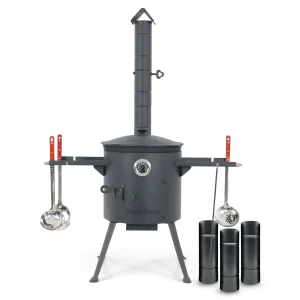 Utschak Feuerofen Ø 36 cm + Gusseisen-Kasan 10 L, flacher Boden + Küchenzubehör, Usbekischer Kochtopf aus Gusseisen