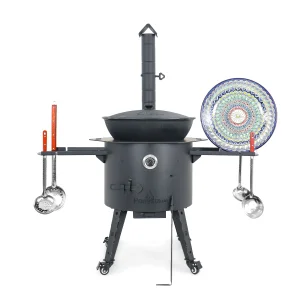 Utschak Feuerofen Ø 49 cm + Gusseisen-Kasan 22 L, flacher Boden + Küchenzubehör, Usbekischer Kochtopf aus Gusseisen