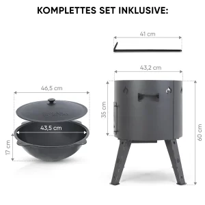 Учаг печь Ø 44 см + чугунный казан 16 л, Ø 46,5 см, круглое дно + кухонные принадлежности, узбекский чугунный казан для гриля и плова