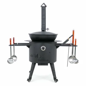 Utschak Feuerofen Ø 49 cm + Gusseisen-Kasan 22 L, flacher Boden + Küchenzubehör, Usbekischer Kochtopf aus Gusseisen