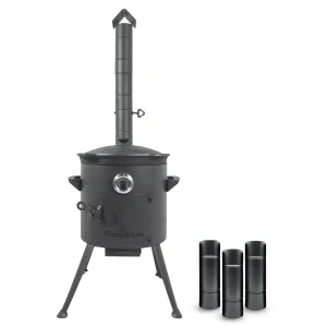 Utschak Feuerofen Ø 36 cm + Gusseisen-Kasan 10 L, runder Boden + Küchenzubehör, Usbekischer Kochtopf aus Gusseisen für Grill & Plov