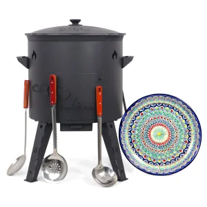 Utschak Feuerofen Ø 44 cm + Gusseisen-Kasan 16 l, flacher Boden + Küchenzubehör, Usbekischer Kochtopf aus Gusseisen