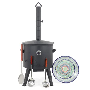 Utschak Feuerofen Ø 49 cm + Gusseisen-Kasan 22 L, runder Boden + Küchenzubehör, Usbekischer Kochtopf aus Gusseisen