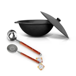 Set - Gusseisenkessel mit Aluminiumdeckel, flacher Boden, Ø 33,5 cm, 6 l + Schaumlöffel 40 cm + Schöpfkelle 43 cm