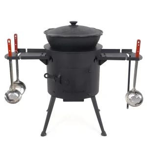 Utschak Feuerofen Ø 36 cm + Gusseisen-Kasan 10 L, flacher Boden, Ablagetische, Ofenplatte + Küchenzubehör, Usbekischer Kochtopf aus Gusseisen