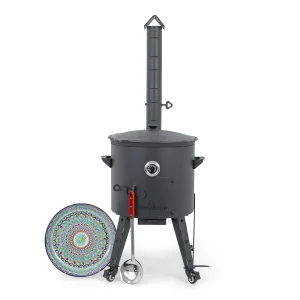 Utschak Feuerofen Ø 44 cm + Gusseisen-Kasan 16 l, Ø 46,5 cm, runder Boden + Küchenzubehör, Usbekischer Kochtopf aus Gusseisen