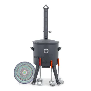 Utschak Feuerofen Ø 44 cm + Gusseisen-Kasan 16 l, Ø 46,5 cm, runder Boden + Küchenzubehör, Usbekischer Kochtopf aus Gusseisen