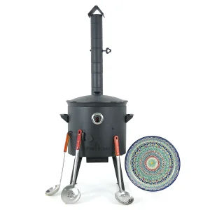 Utschak Feuerofen Ø 40 cm + Gusseisen-Kasan 12 L, runder Boden + Küchenzubehör, Usbekischer Kochtopf aus Gusseisen