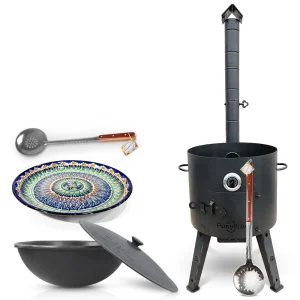  Set - Feuerofen KazanoFF, 16 l, Ø 44 cm, Kasan aus Gusseisen, runder Boden, Ø 46,5 cm, 16 l, Thermometer, Lagan, MIX-Muster, Ø 37 cm + Schaumlöffel 2