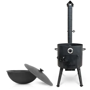 Set - Feuerofen- KazanoFF, für Kasan 12 Liter, Ø 40 cm + Thermometer + Gusseisenkasan, Aluminiumdeckel, runder Boden, Ø 42,5 cm, 12 l