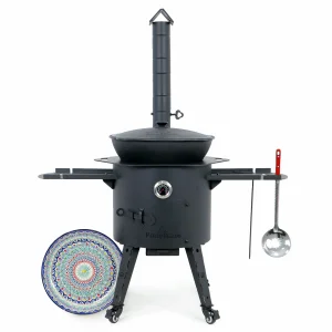 Utschak Feuerofen Ø 44 cm + Gusseisen-Kasan 16 l, Ø 46,5 cm, runder Boden + Küchenzubehör, Usbekischer Kochtopf aus Gusseisen