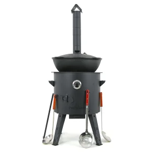 Utschak Feuerofen Ø 40 cm + Gusseisen-Kasan 12 L, runder Boden + Küchenzubehör, Usbekischer Kochtopf aus Gusseisen