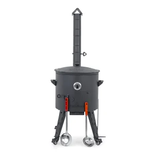 Utschak Feuerofen Ø 44 cm + Gusseisen-Kasan 16 l, Ø 46,5 cm, runder Boden + Küchenzubehör, Usbekischer Kochtopf aus Gusseisen