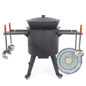 Учаг печь Ø 44 см + чугунный казан 16 л, плоское дно, колёса, столики, плита + кухонные принадлежности, узбекский чугунный казан для гриля и плова