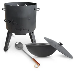 Set - Feuerofen - KasanoFF, 16 Liter, Ø 44 cm + Gusseisenkessel, runder Boden, Ø 46,5 cm, 16 l + Schaumlöffel 48 cm