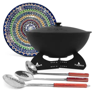 Kasan aus Gusseisen, Aluminiumdeckel, flacher Boden, 22 l, Ø 52,7 cm + Ständer + Lagan Ø 42 cm + Küchenzubehör