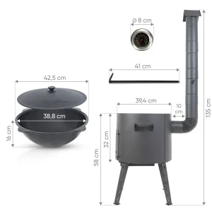 Учаг печь Ø 40 см + чугунный казан 12 л, Ø 42,5 см, круглое дно + кухонные принадлежности, узбекский чугунный казан для гриля и плова