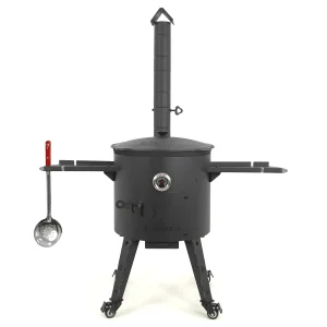 Набор - Учаг с трубой Ø 44 см + казан плоское дно, Ø 46,5 см, 16 л + термометр + ролики: 4 шт. + столик: 2 шт. + шумовка + ручка 