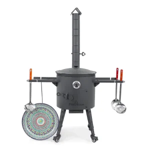 Utschak Feuerofen Ø 40 cm + Gusseisen-Kasan 12 L, flacher Boden + Küchenzubehör, Usbekischer Kochtopf aus Gusseisen