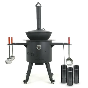 Set - Feuerofen mit Rohr Ø44cm+KasanØ 46,5cm,16 l+Thermometer+Verlängerung+Herdplatte+Rollenset+Ablagetisch+Schaumlöffel+Schöpfkelle+Zahnstocherspende