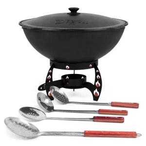 Kasan aus Gusseisen, Aluminiumdeckel, flacher Boden, 22 l, Ø 52,7 cm + Untersetzer + Küchenzubehör