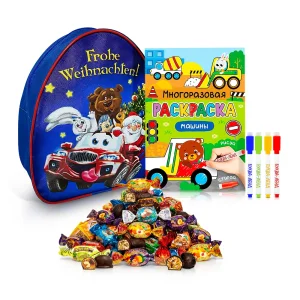 Подарочный рюкзак с конфетами и раскраской - Друзья на тачке, 20 х 23 см