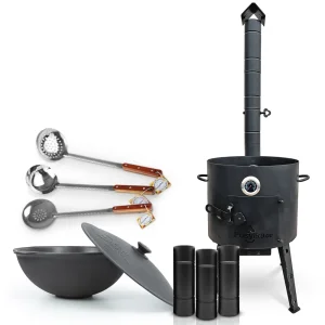 Set - Feuerofen - KasanoFF, 12 l, Ø 40 cm + Gusseisenkasan, flacher Boden, Ø 42,5 cm, 12 l + Rohrverlängerung + Thermometer + Schaumlöffel: 2 Stk. + S