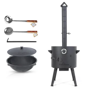 Set 4 in 1: Feuerofen mit Thermometer, Asia-Kasan mit Deckel 12 L, usbekische Schöpfkelle 1 Stk., usbekischer Schaumlöffel 1 Stk.