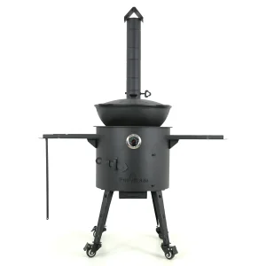 Набор - Учаг с трубой Ø 40 см + казан Ø 42,5 см, 12 л + термометр + ролики: 4 шт. + плита + столики: 2 шт. + ручка 