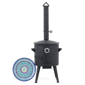 Utschak Feuerofen Ø 40 cm + Gusseisen-Kasan 12 L, Ø 42,5 cm, runder Boden + Küchenzubehör, Usbekischer Kochtopf aus Gusseisen