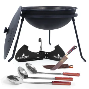 Kasan aus Gusseisen, Aluminiumdeckel, runder Boden, Ø 46,5 cm, 16 l + Untersetzer + Dreibein + Küchenzubehör