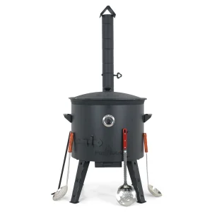 Utschak Feuerofen Ø 49 cm + Gusseisen-Kasan 22 L, flacher Boden + Küchenzubehör, Usbekischer Kochtopf aus Gusseisen