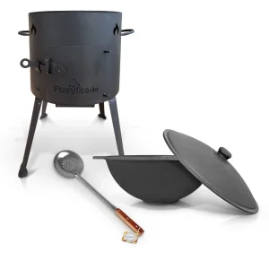 Utschak Feuerofen Ø 36 cm + Gusseisen-Kasan 10 L, flacher Boden + Küchenzubehör, Usbekischer Kochtopf aus Gusseisen