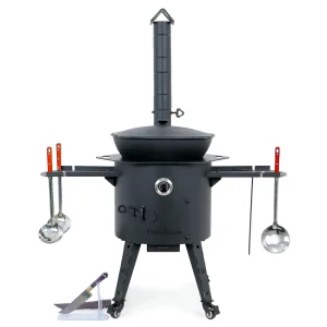 Utschak Feuerofen Ø 44 cm + Gusseisen-Kasan 16 l, Ø 46,5 cm, flacher Boden + Küchenzubehör, Usbekischer Kochtopf aus Gusseisen