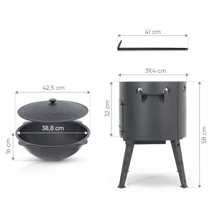 Utschak Feuerofen Ø 40 cm + Gusseisen-Kasan 12 L, Ø 42,5 cm, runder Boden + Küchenzubehör, Usbekischer Kochtopf aus Gusseisen