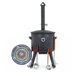 Utschak Feuerofen Ø 49 cm + Gusseisen-Kasan 22 L, flacher Boden + Küchenzubehör, Usbekischer Kochtopf aus Gusseisen