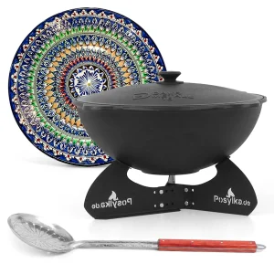 Kasan aus Gusseisen, Aluminiumdeckel, flacher Boden, 22 l, Ø 52,7 cm + Ständer + Lagan Ø 42 cm + Küchenzubehör
