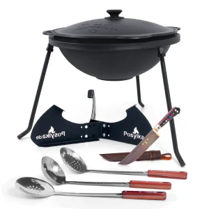 Kasan aus Gusseisen, Aluminiumdeckel, flacher Boden, Ø 42,5 cm, 12 l + Untersetzer + Dreibein + Küchenzubehör