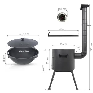 Utschak Feuerofen Ø 36 cm + Gusseisen-Kasan 10 L, Ø38,5 cm, runder Boden, Usbekischer Kochtopf aus Gusseisen für Grill & Plov