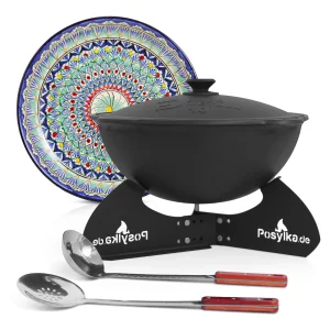 Kasan aus Gusseisen, Aluminiumdeckel, runder Boden, Ø 36,7 cm, 10 l + Untersetzer + Lagan Ø 32 cm + Küchenutensilien