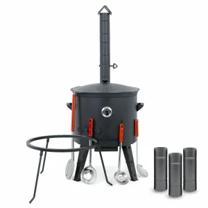 Utschak Feuerofen Ø 49 cm + Gusseisen-Kasan 22 L, Ø 52,7 cm, runder Boden + Küchenzubehör, Usbekischer Kochtopf aus Gusseisen