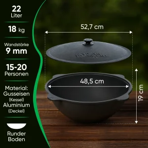 Kasan aus Gusseisen, Aluminiumdeckel, runder Boden, 22 l, Ø 52,7 cm