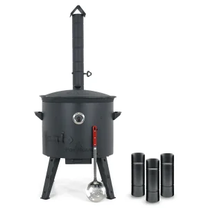 Utschak Feuerofen Ø 49 cm + Gusseisen-Kasan 22 L, flacher Boden + Küchenzubehör, Usbekischer Kochtopf aus Gusseisen für Grill & Plov