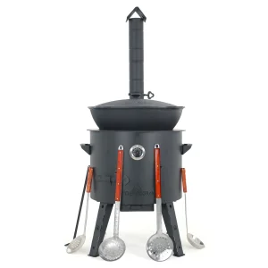 Utschak Feuerofen Ø 49 cm + Gusseisen-Kasan 22 L, flacher Boden + Küchenzubehör, Usbekischer Kochtopf aus Gusseisen
