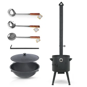 Set - Feuerofen - KazanoFF, für Kasan 12 Liter, Ø 40 cm + Kasan runder Boden, Ø 42,5 cm, 12 l + Thermometer + Rohrverlängerung + Schaumlöffel: 2 Stk. 