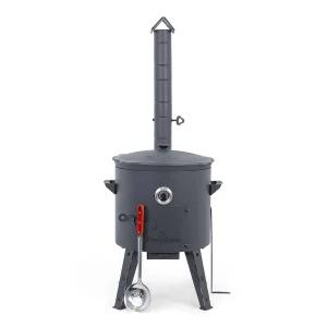 Utschak Feuerofen Ø 44 cm + Gusseisen-Kasan 16 l, Ø 46,5 cm, runder Boden + Küchenzubehör, Usbekischer Kochtopf aus Gusseisen