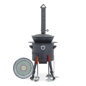 Utschak Feuerofen Ø 40 cm + Gusseisen-Kasan 12 L, flacher Boden + Küchenzubehör, Usbekischer Kochtopf aus Gusseisen