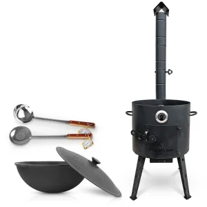 Set 4 in 1: Feuerofen mit Thermometer, Asia-Kasan mit Deckel 12 L, usbekische Schöpfkelle 1 Stk., usbekischer Schaumlöffel 1 Stk.